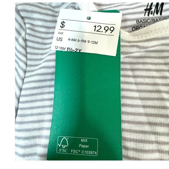 H&M Baby Long Sleeve Bodysuit 2-Pack Organic Cotton 18-24m Gray & White Striped - Picture 4 of 5